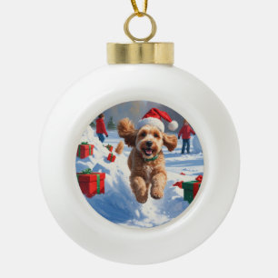 Cockapoo Rent in de Sneeuw met Kerstmuts Keramische Bal Ornament