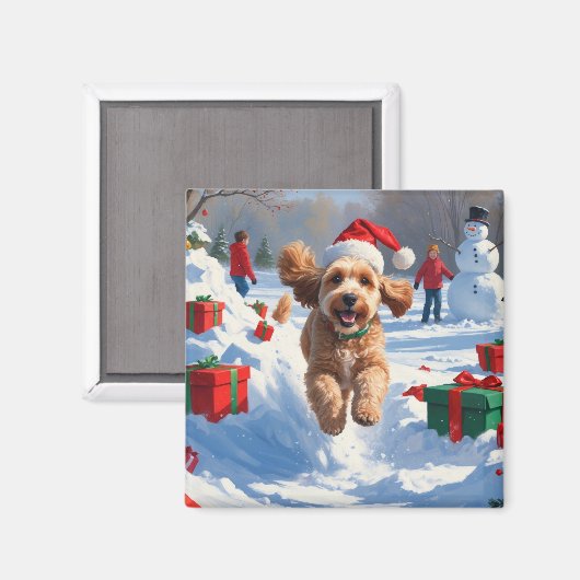 Cockapoo Rent in de Sneeuw met Kerstmuts Magneet (Voorkant / Achterkant)