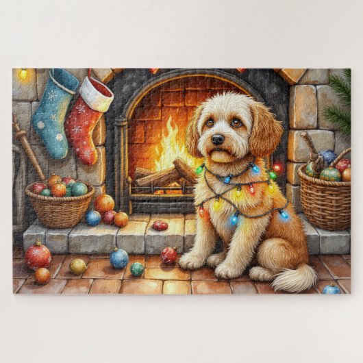 Cockapoo Sitting by Fireplace with Christmas Light Legpuzzel (Horizontaal)