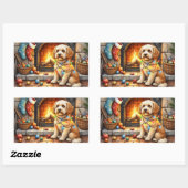 Cockapoo Sitting by Fireplace with Christmas Light Rechthoekige Sticker (Vel)