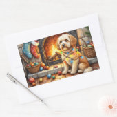 Cockapoo Sitting by Fireplace with Christmas Light Rechthoekige Sticker (Envelop)