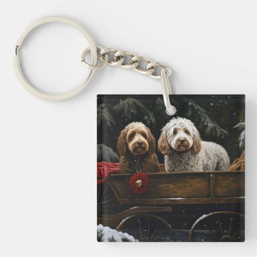 Cockapoo Sneeuw slee Santa decoratie Sleutelhanger (Voorkant)