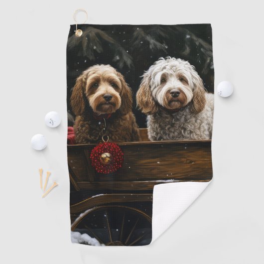 Cockapoo Snowy Sleigh Kerst Decor Golfhanddoek (Insitu)