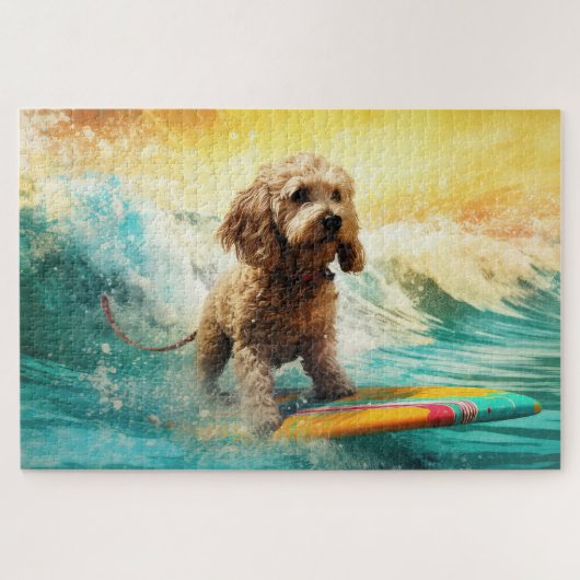 Cockapoo Strand Surfende Schildering Legpuzzel (Horizontaal)