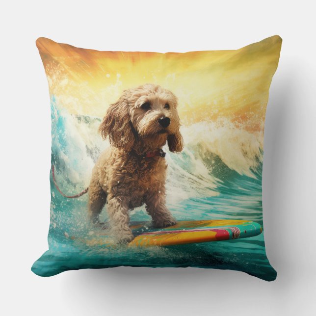 Cockapoo Strand Surfing Schilderij Kussen (Voorkant)