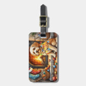 Cockapoo zittend bij open haard met kerstlicht bagagelabel (Voorkant verticaal)