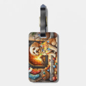 Cockapoo zittend bij open haard met kerstlicht bagagelabel (Achterkant verticaal)
