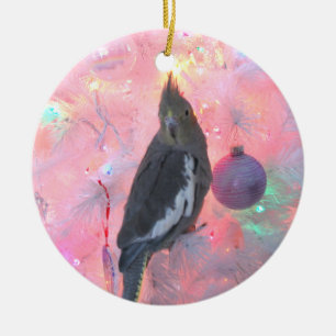 Cockatiel in kerstboomversiering keramisch ornament