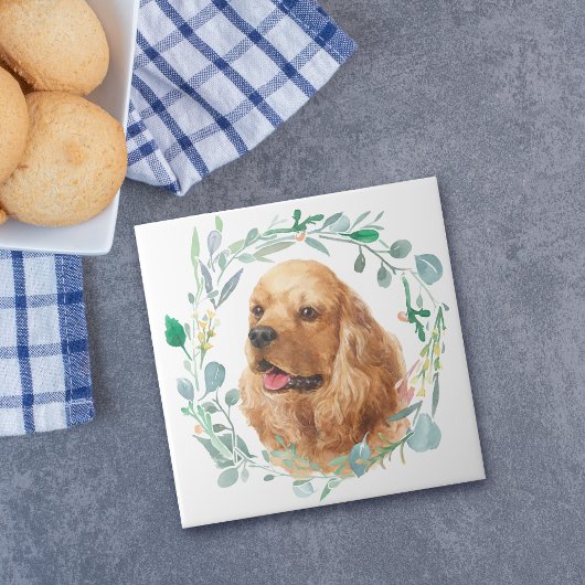 Cocker Spaniel Aquarelle Wreath Carreaux en cérami