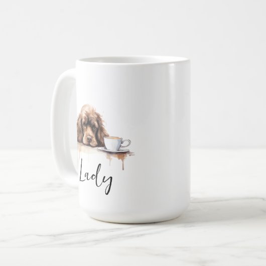 Cocker Spaniel avec tasse de café, chien avec atti (Devant gauche)