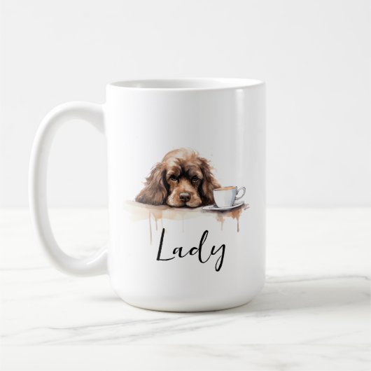 Cocker Spaniel avec tasse de café, chien avec atti (Gauche)