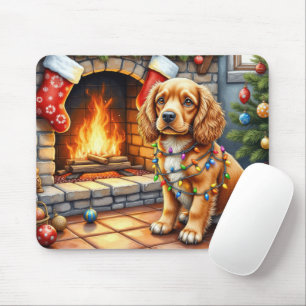 Cocker Spaniel bij de open haard met kerstverlicht Muismat