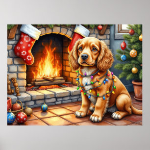 Cocker Spaniel bij de open haard met kerstverlicht Poster