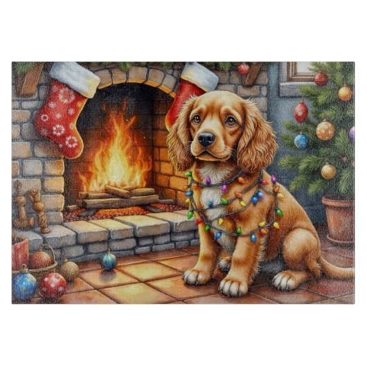Cocker Spaniel bij de open haard met kerstverlicht Snijplank (Voorkant)