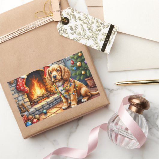 Cocker Spaniel by Fireplace with Christmas Lights Rechthoekige Sticker (Geschenken)