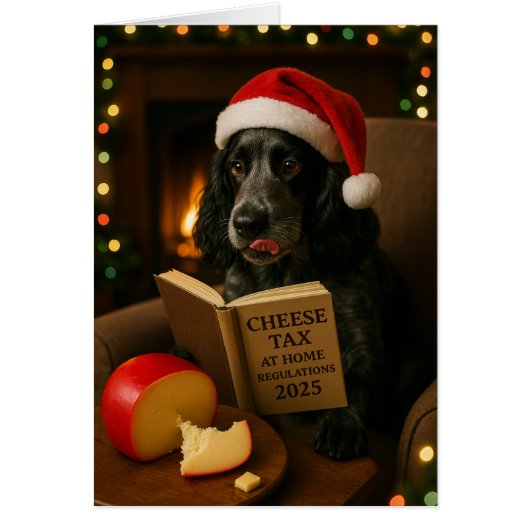 Cocker spaniel 'Cheese Tax' Christmas card (Devant)