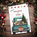 Cocker Spaniel Chien Retro Farm Truck Carte de Noë<br><div class="desc">Un pick-up bleu turquoise porte un arbre de Noël décoré et des paquets cadeaux sur le devant de cette jolie carte de Noël. Un beau chien américain Cocker Spaniel couleur bouffon surplombe la porte arrière. Un panneau en bois rustique sur le pare-chocs arrière dit "Cheer de Noël". En haut de...</div>