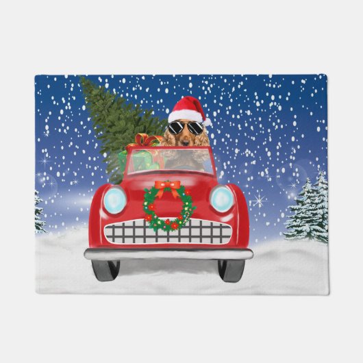 Cocker Spaniel Dog-auto rijden met sneeuwkerst Deurmat (Voorkant)