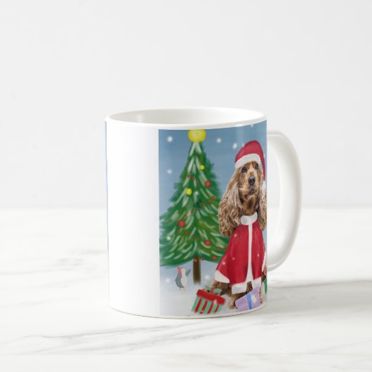 Cocker Spaniel Dog in sneeuw met kerstcadeaus Koffiemok (Voorkant rechts)