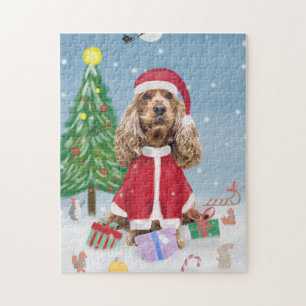 Cocker Spaniel Dog in sneeuw met kerstcadeaus Legpuzzel