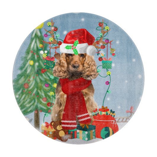 Cocker Spaniel Dog in sneeuw met kerstcadeaus Snijplank (Voorkant)