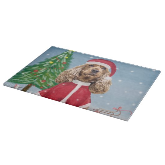 Cocker Spaniel Dog in sneeuw met kerstcadeaus Snijplank (Hoek)