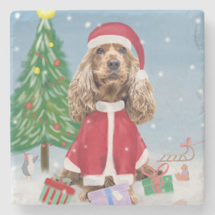 Cocker Spaniel Dog in sneeuw met kerstcadeaus Stenen Onderzetter
