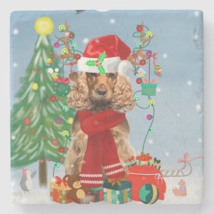 Cocker Spaniel Dog in sneeuw met kerstcadeaus Stenen Onderzetter