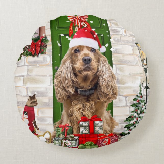 Cocker Spaniel Dog Kerstmis Rond Kussen (Voorkant)