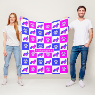 Cocker Spaniel Dog & Paw Hot Pink en Blue Fleece Deken