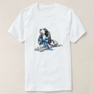 Cocker Spaniel Dog with Blue Bow Hand-Drawn Sketch T-shirt