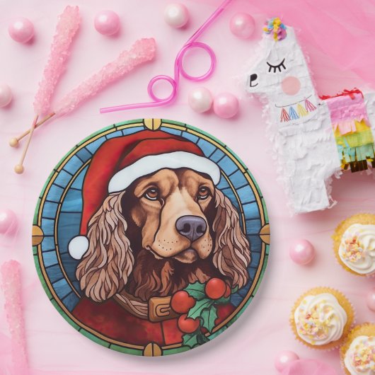 Cocker Spaniel Glas in lood Kerst Papieren Bordje (Feest)
