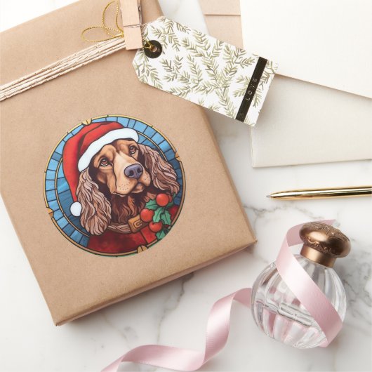 Cocker Spaniel Glas in lood Kerst Ronde Sticker (Geschenken)
