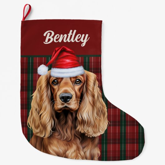 Cocker Spaniel Green and Red Plaid with Dog's Name Grote Kerstsok (Voorkant)
