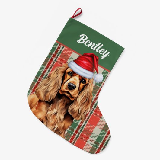 Cocker Spaniel groen en rood geplakt met naam van  Grote Kerstsok (Voorkant (Hangend))