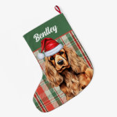 Cocker Spaniel groen en rood geplakt met naam van  Grote Kerstsok (Achterkant (Hangend))