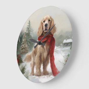 Cocker Spaniel hond in de sneeuw met Kerstmis Grote Klok