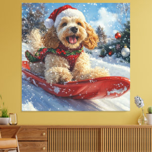Cocker Spaniel Hond in Sledge Laat het Sneeuw Kers Canvas Afdruk