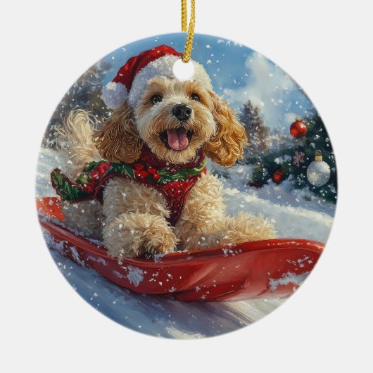 Cocker Spaniel Hond in Sledge Laat het Sneeuw Kers Keramisch Ornament (Voorkant)