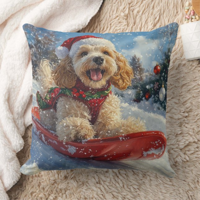 Cocker Spaniel Hond in Sledge Laat het Sneeuw Kers Kussen (Deken)