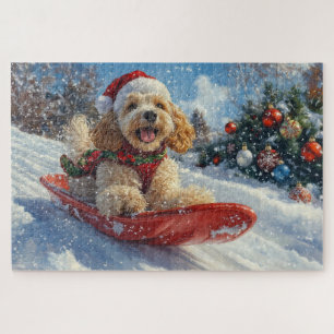 Cocker Spaniel-hond in slee laat het sneeuwen Kers Legpuzzel