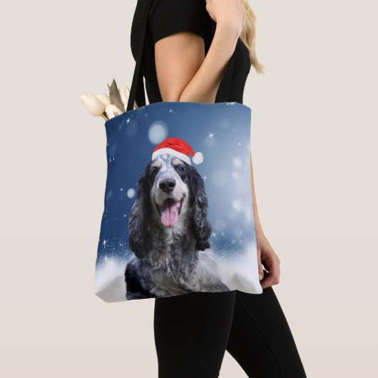 Cocker Spaniel Hond Met Kerstmis Santa Hat Draagtas (Dichtbij)