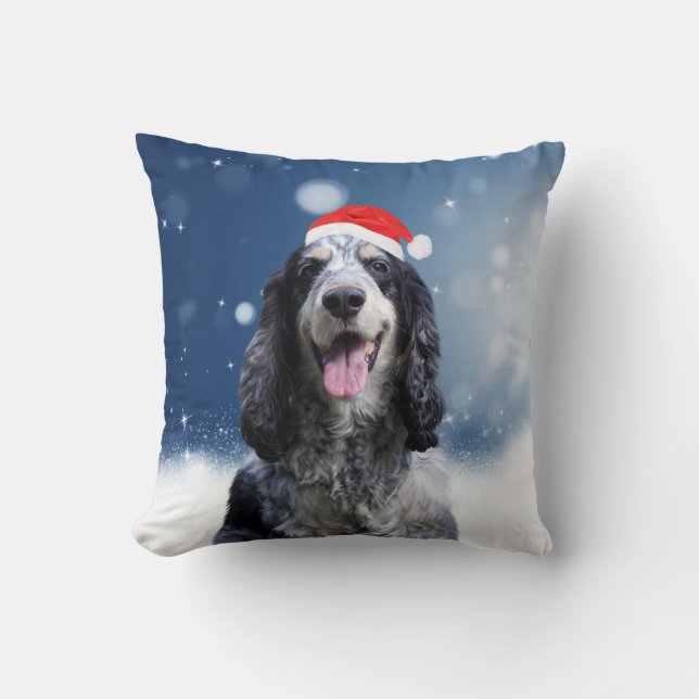 Cocker Spaniel Hond Met Kerstmis Santa Hat Kussen (Voorkant)