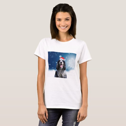 Cocker Spaniel Hond Met Kerstmis Santa Hat T-shirt (Voorkant volledig)