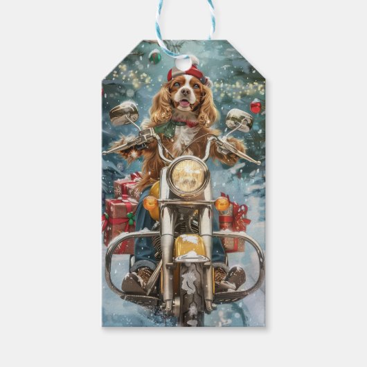Cocker Spaniel Hond Rijden Motorfiets Kerstmis Cadeaulabel (Voorkant)