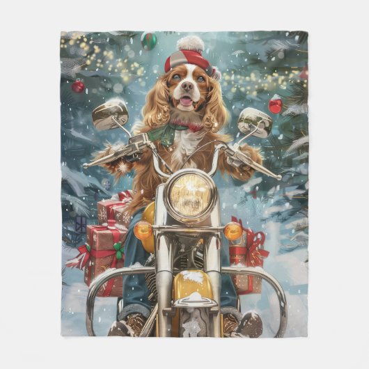 Cocker Spaniel Hond Rijden Motorfiets Kerstmis Fleece Deken (Voorkant)
