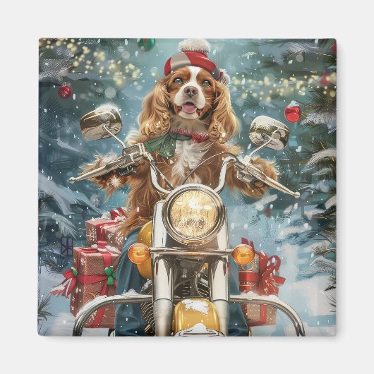 Cocker Spaniel Hond Rijden Motorfiets Kerstmis Magneet (Voorkant)