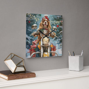 Cocker Spaniel Hond Rijden Motorfiets Kerstmis Vierkante Klok