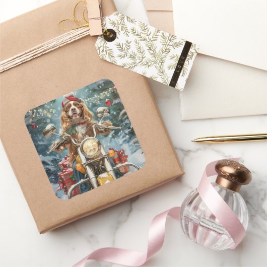 Cocker Spaniel Hond Rijden Motorfiets Kerstmis Vierkante Sticker (Geschenken)