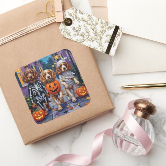 Cocker Spaniel Honden Trick-or-Treating in Hallowe Vierkante Sticker (Geschenken)
